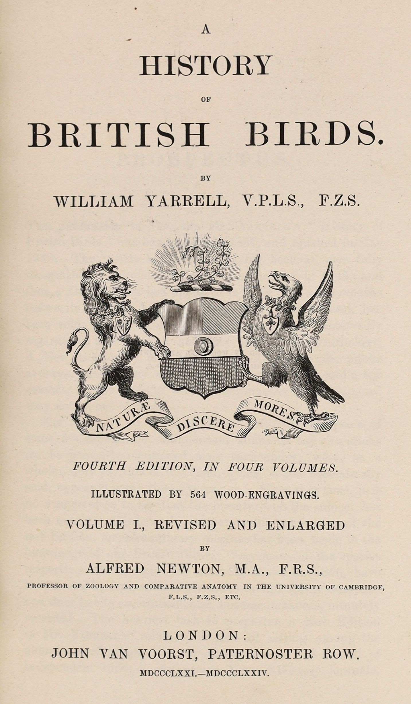 Yarrell, William - A History of British Birds, 4th edition, 4 vols, 8vo, half green morocco gilt, with 564 wood-engravings, John van Voorst, London, 1871-85